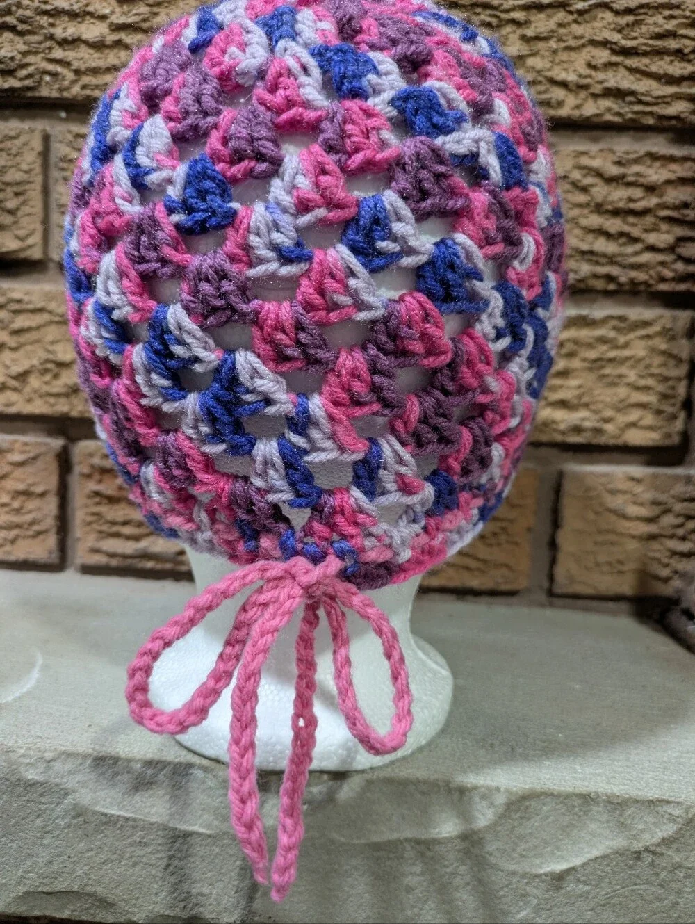 Handmade Pink & Purple Crochet Baby Hat, Granny Stitch, Adjustable